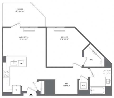Floor plan for 1 bed, 1 bath, 764 sqft
